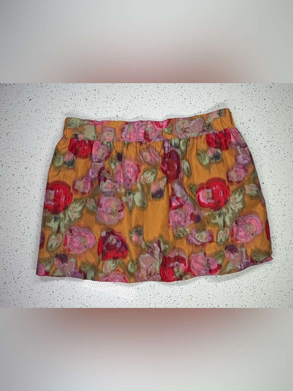 J. Crew Watercolor Boho Floral Mini Skirt in Mustard and Pink Cotton Silk Blend